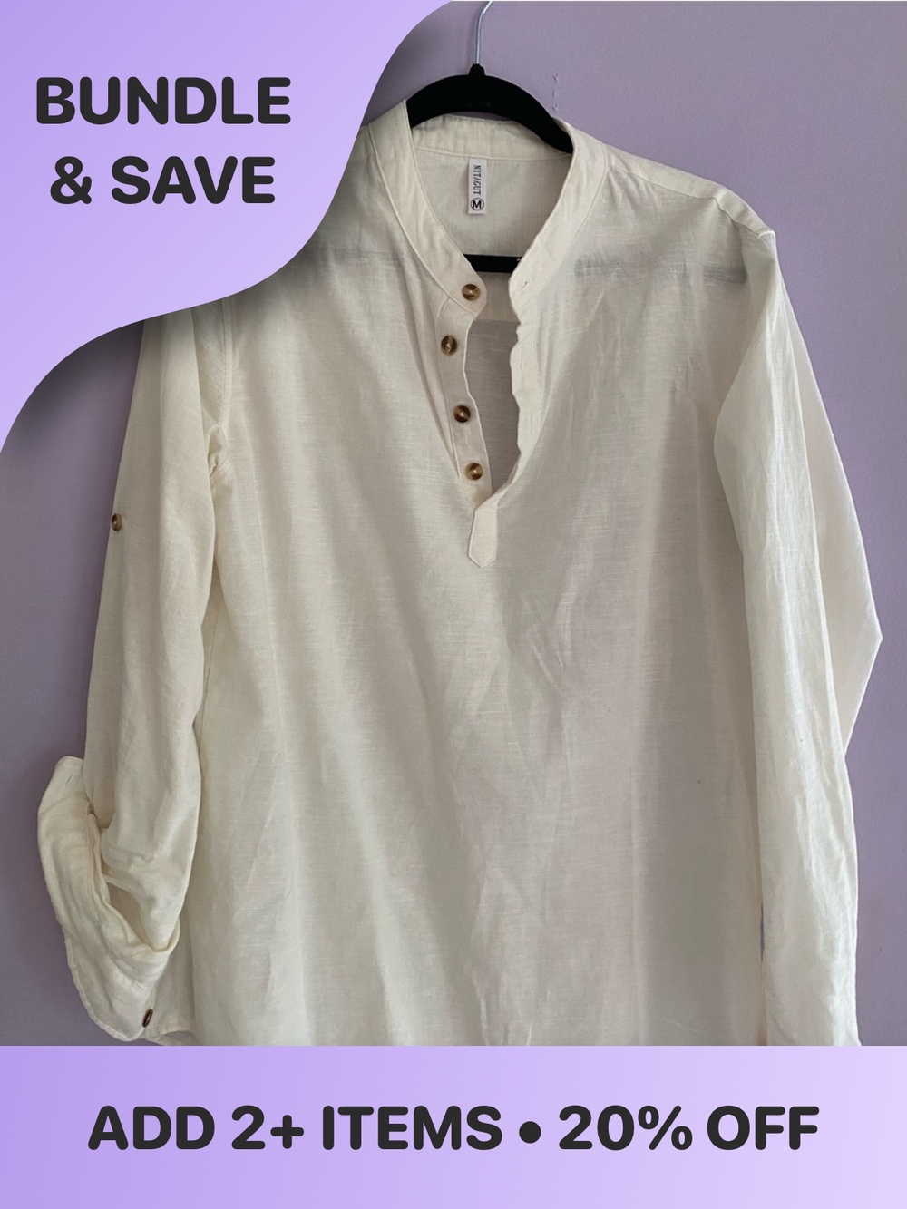 Men's Cream Long-Sleeve Button-Neck Casual Shirt